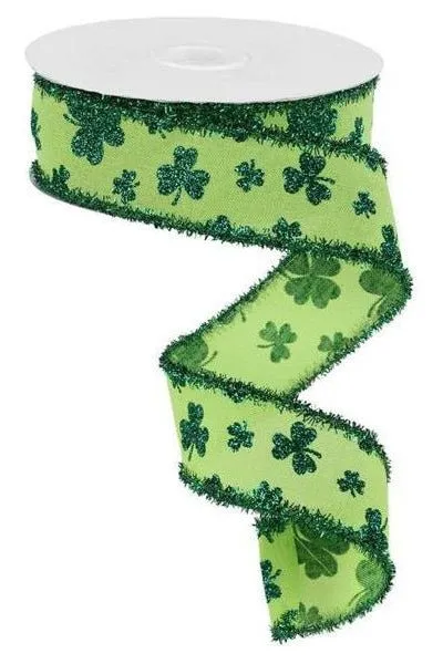 1.5" Glitter Shamrock Tinsel Ribbon: Bright Green (10 Yards)