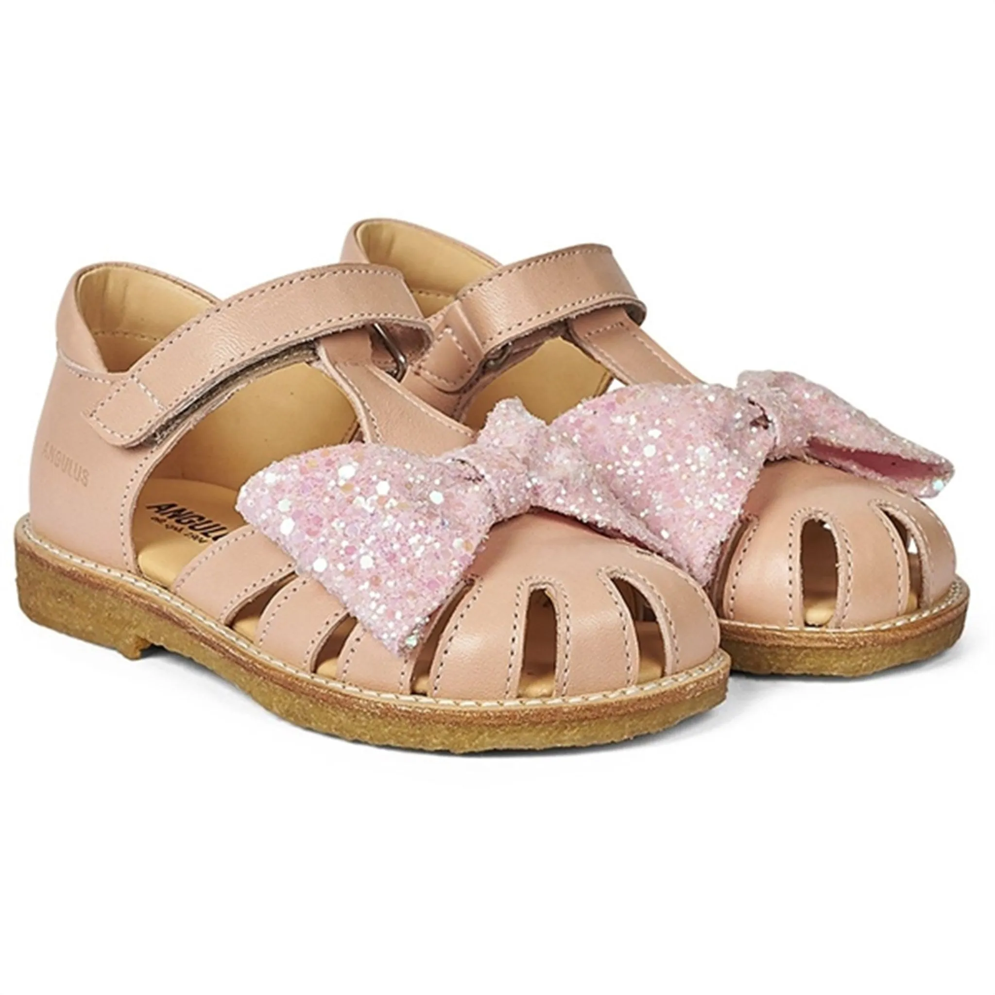 Angulus Sandal W. Bow And Velcro Peach/Peach Glitter