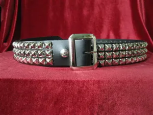 Black Leather Belt w/ 3 Rows of Silver Pyramid Studs