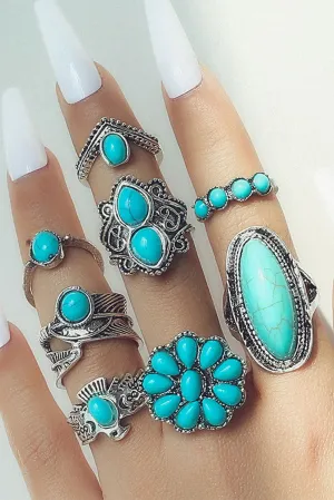 Green 8Pcs Vintage Turquoise Ring Set