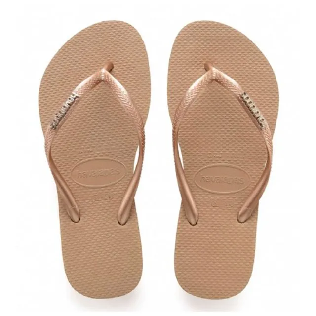 Havaianas Slim Logo Women Beach Slippers Metallic Rose Gold/Rose Go