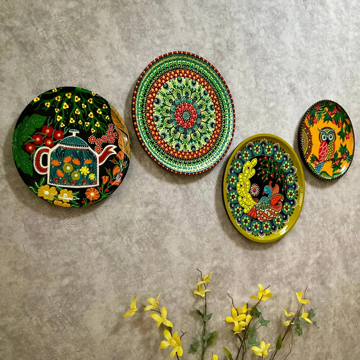 Tea Kettle, Mandala & Bird Colourful Handmade Dot Painting Wall Decor - Wall Plate Hanging - Set of 4