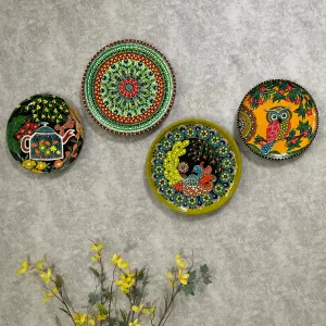 Tea Kettle, Mandala & Bird Colourful Handmade Dot Painting Wall Decor - Wall Plate Hanging - Set of 4