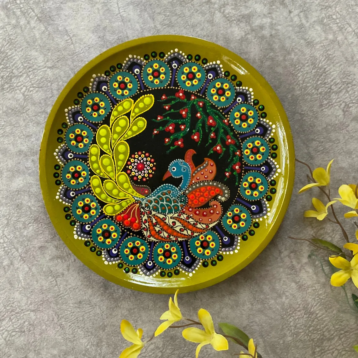 Tea Kettle, Mandala & Bird Colourful Handmade Dot Painting Wall Decor - Wall Plate Hanging - Set of 4