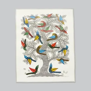 Traditional Art Canvas Gond Tree and Bird Print 16 x 20 in